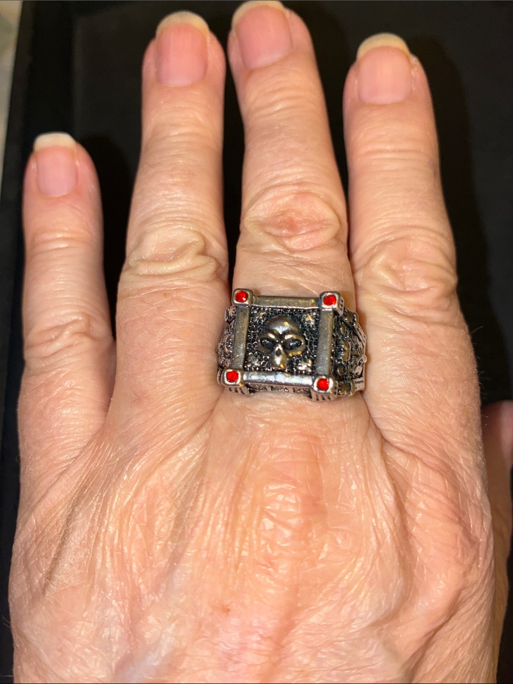 Men's Sterling-Style Skull Signet Ring with Red Accents